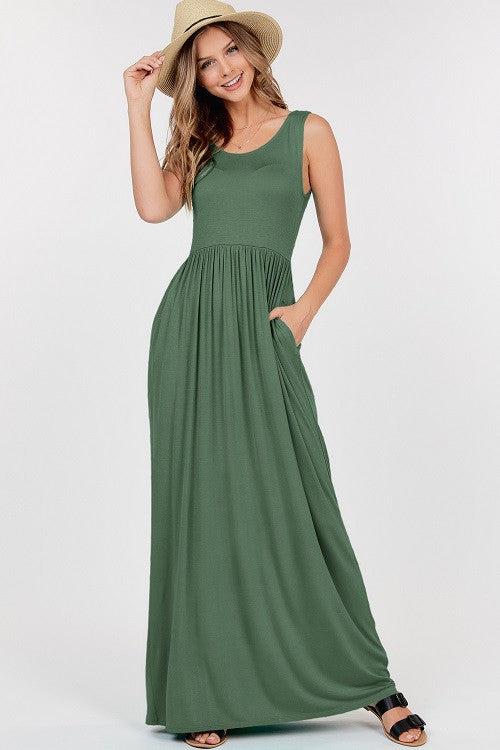 Sleeveless Maxi Dress With Empire Waist Dusty Green