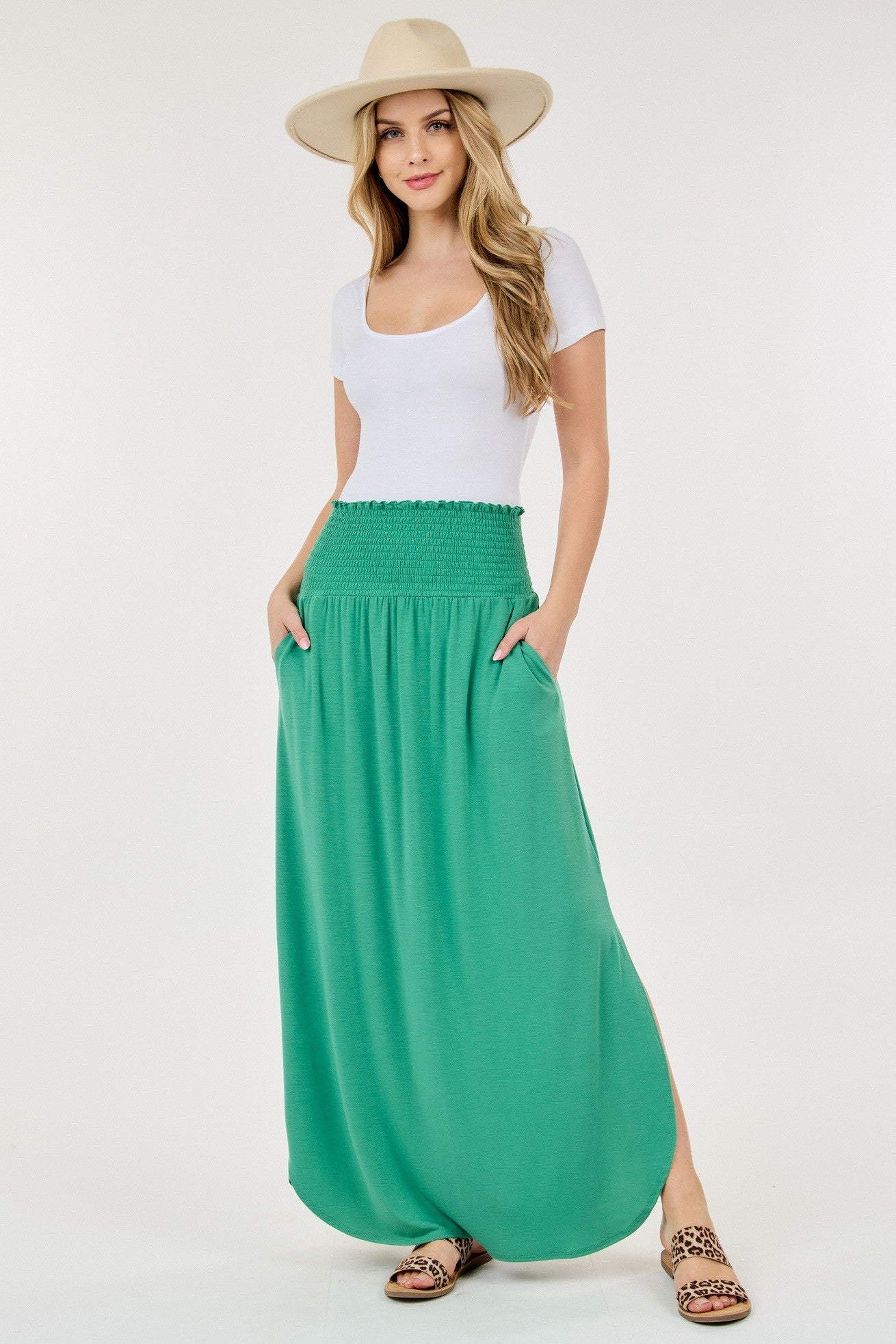 Smocked Waist Side Slit Maxi Skirt with Pockets Kelly Green