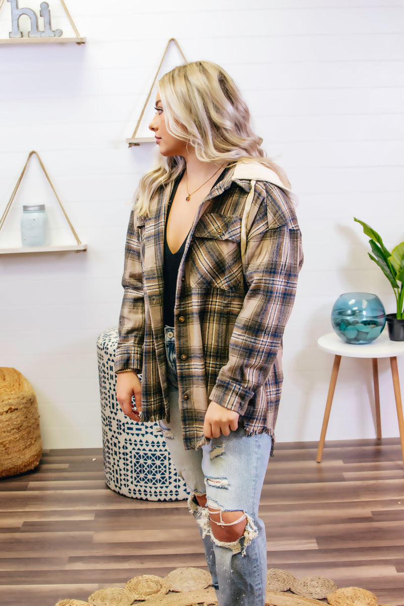 Plaid Button Down hooded Jacket - Mocha