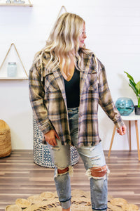 Plaid Button Down hooded Jacket - Mocha