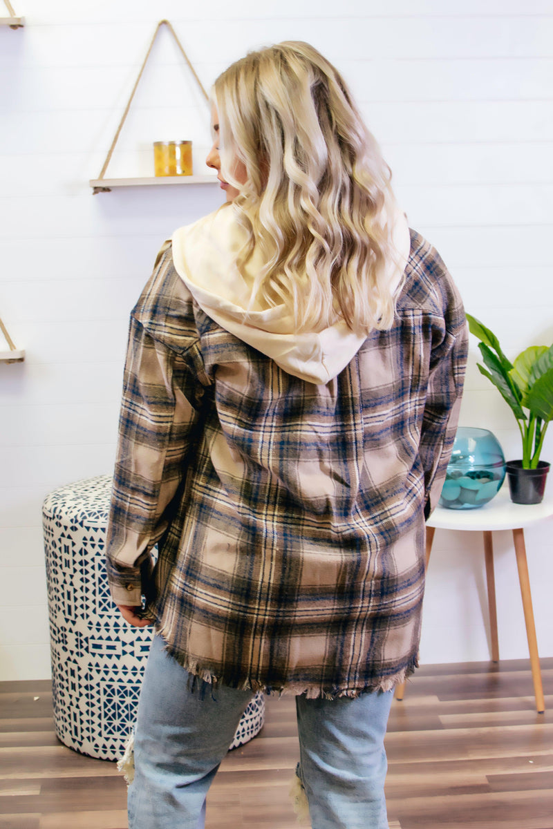 Plaid Button Down hooded Jacket - Mocha