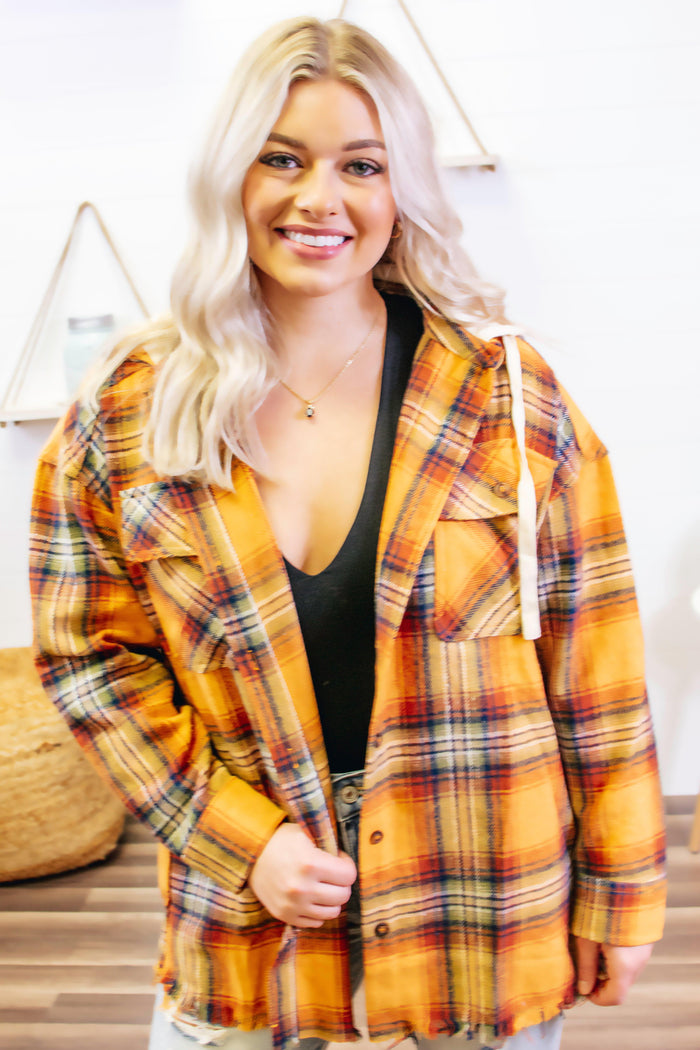 Plaid Button Down hooded Jacket - orange