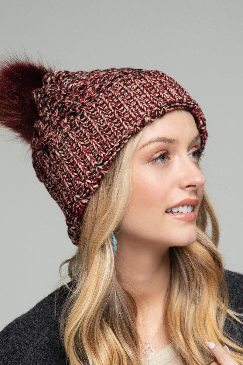 Burgundy Multicolor Knit Beanie with Pom