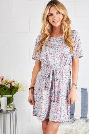 Blue Floral Print Dress with Belt