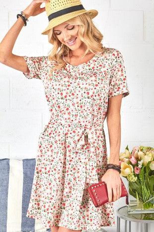 Ivory Floral Print Dress with Belt