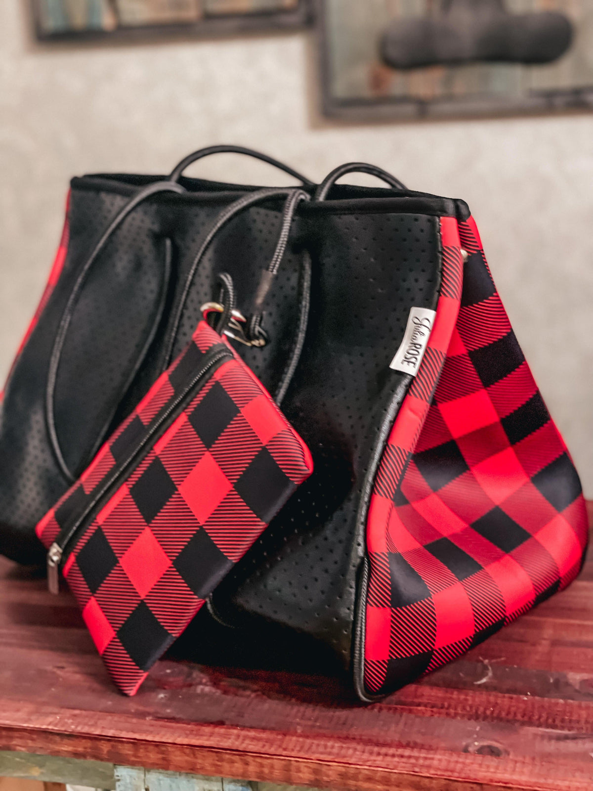 Black Plaid Neoprene Bag