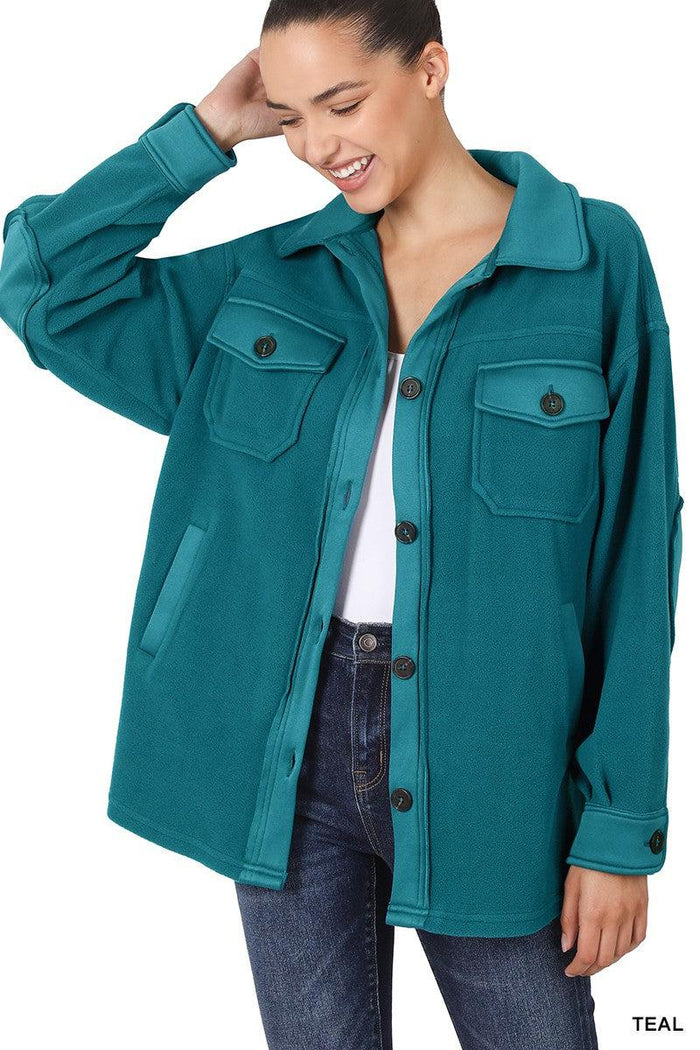 Elbow Patch Fleece Shacket- Teal